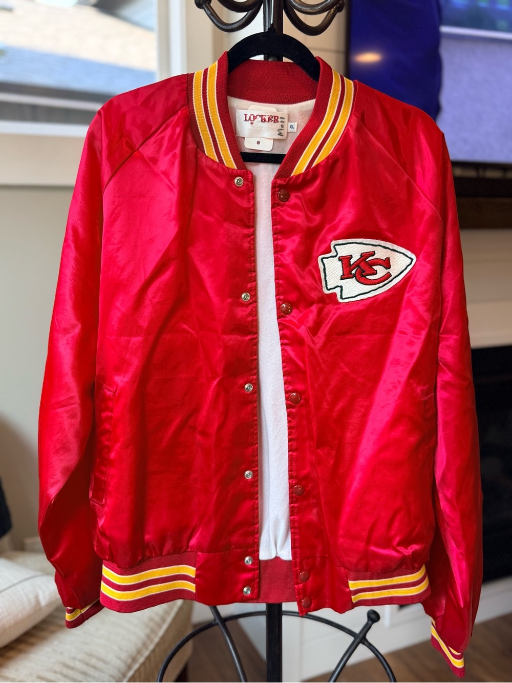 Mens Red Kansas City Satin Bomber Jacket Vintage Locker Line Chiefs Jacket